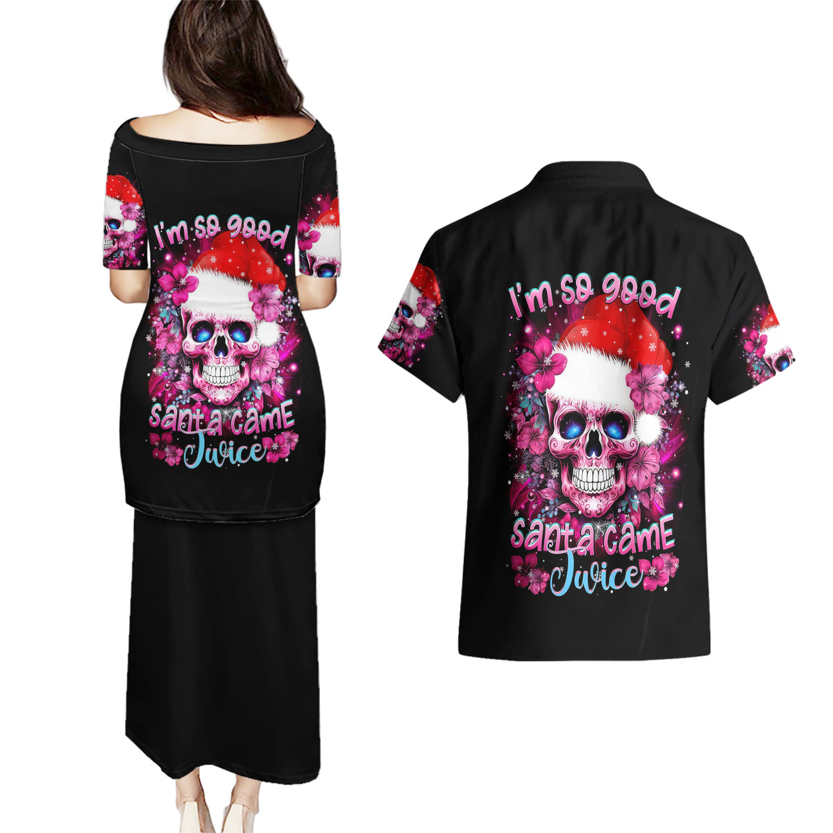 Skull Santa Claus Couples Matching Puletasi Dress and Hawaiian Shirt I'm So Good Santa Came Juice - Wonder Print Shop