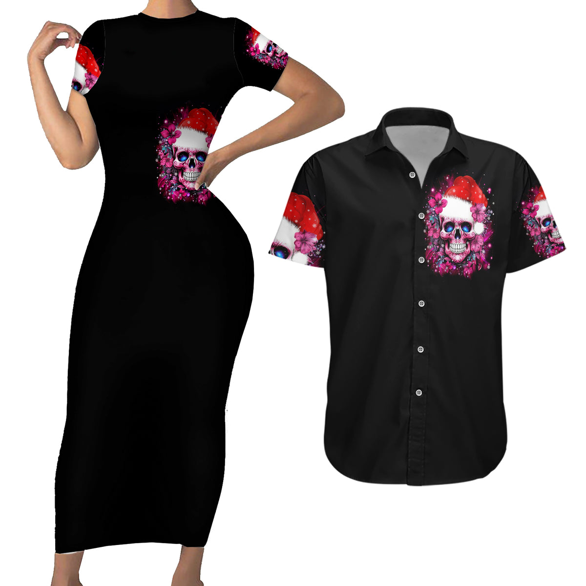 Skull Santa Claus Couples Matching Short Sleeve Bodycon Dress and Hawaiian Shirt I'm So Good Santa Came Juice - Wonder Print Shop