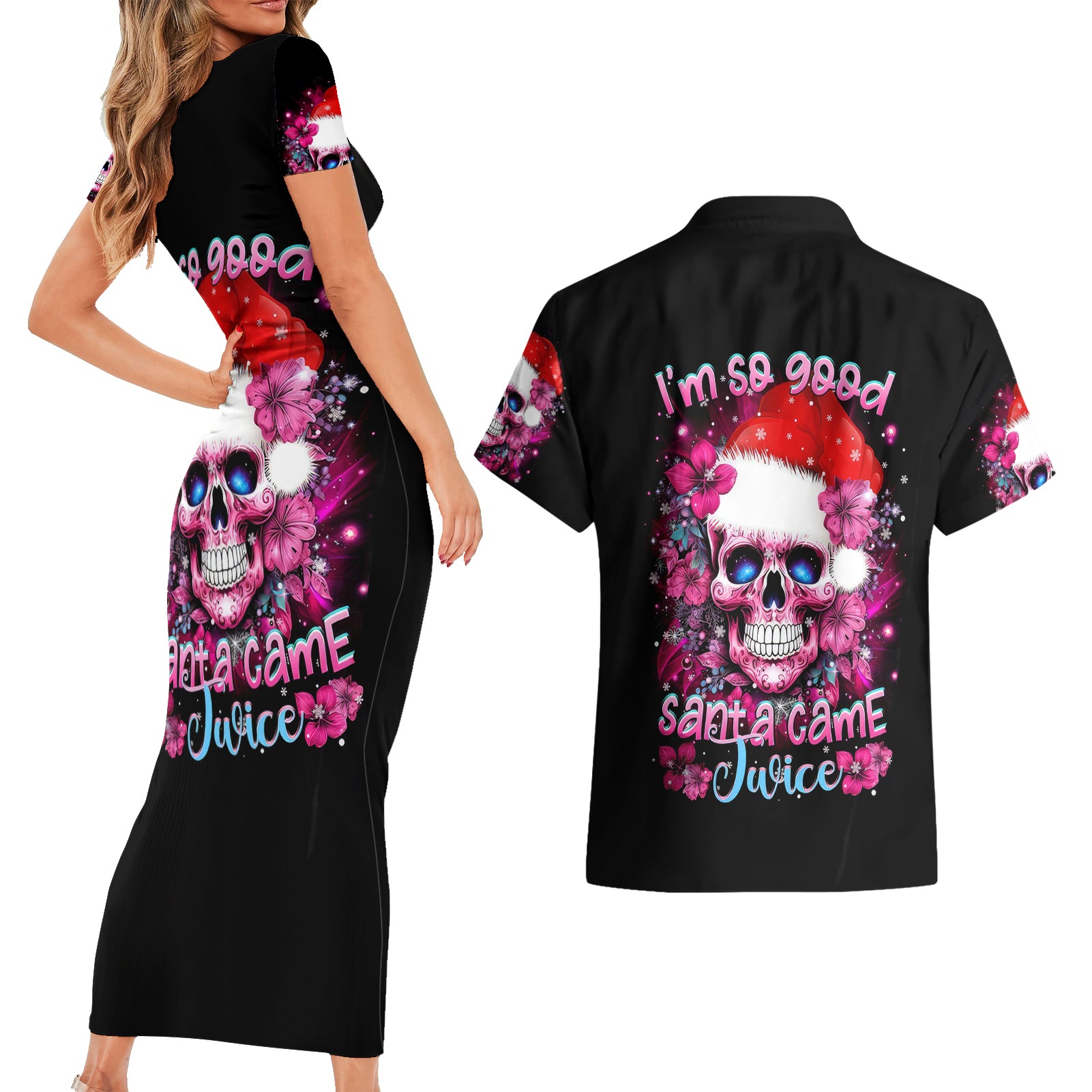 Skull Santa Claus Couples Matching Short Sleeve Bodycon Dress and Hawaiian Shirt I'm So Good Santa Came Juice - Wonder Print Shop