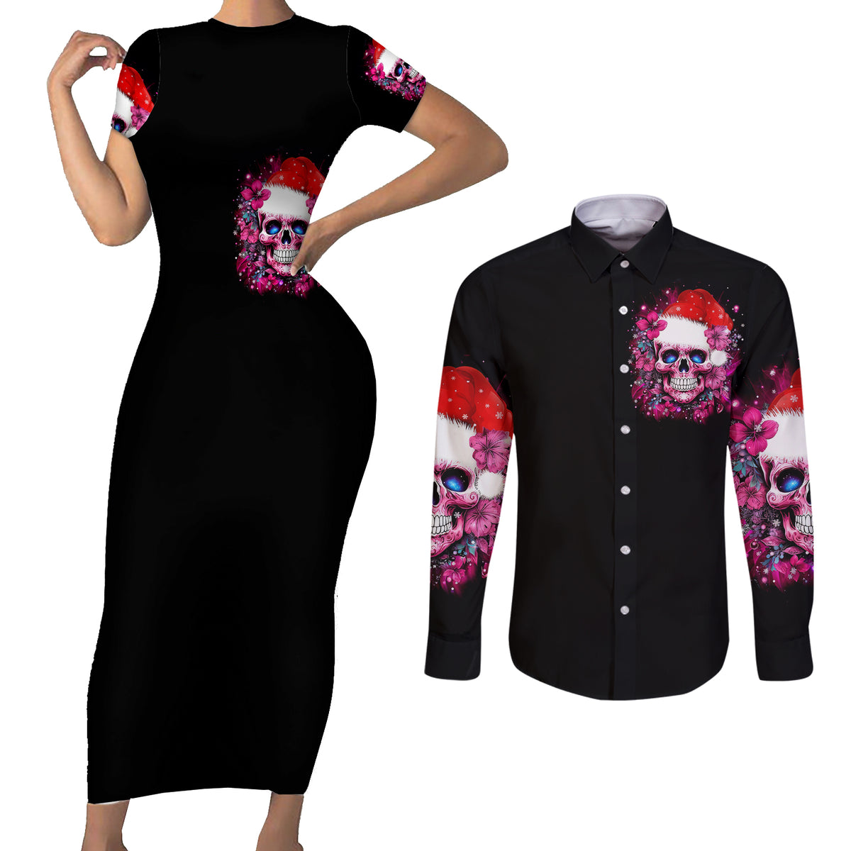 Skull Santa Claus Couples Matching Short Sleeve Bodycon Dress and Long Sleeve Button Shirt I'm So Good Santa Came Juice - Wonder Print Shop