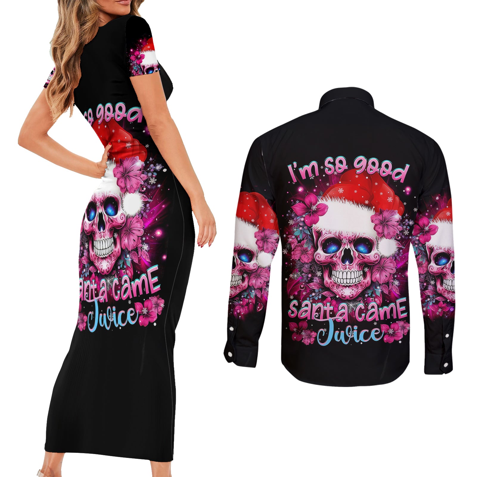 Skull Santa Claus Couples Matching Short Sleeve Bodycon Dress and Long Sleeve Button Shirt I'm So Good Santa Came Juice - Wonder Print Shop