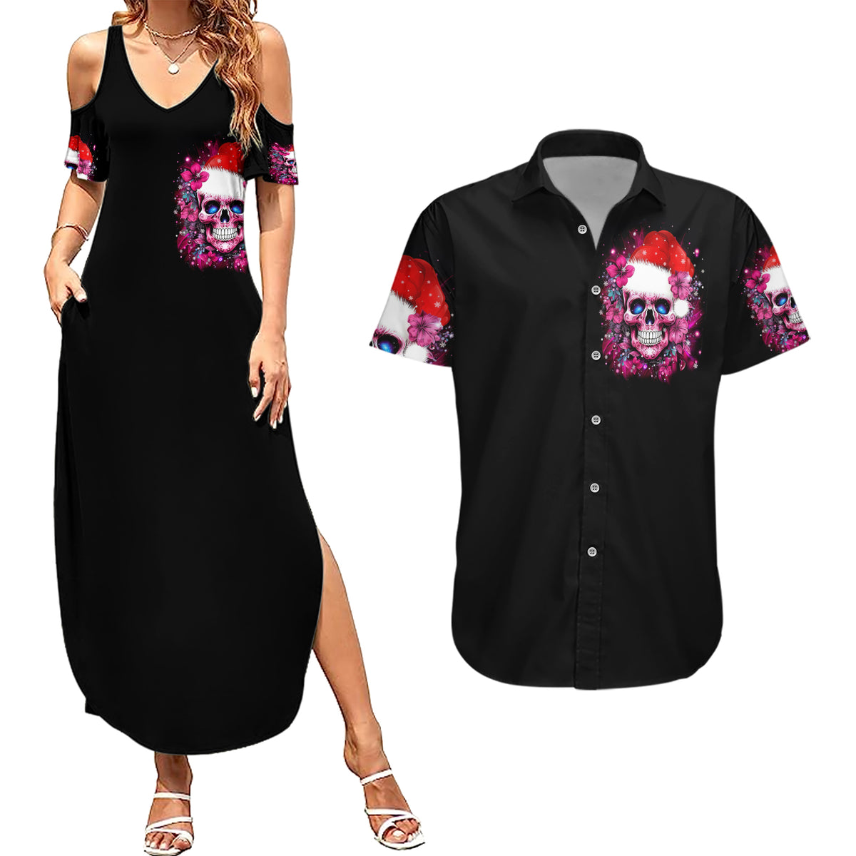 Skull Santa Claus Couples Matching Summer Maxi Dress and Hawaiian Shirt I'm So Good Santa Came Juice - Wonder Print Shop