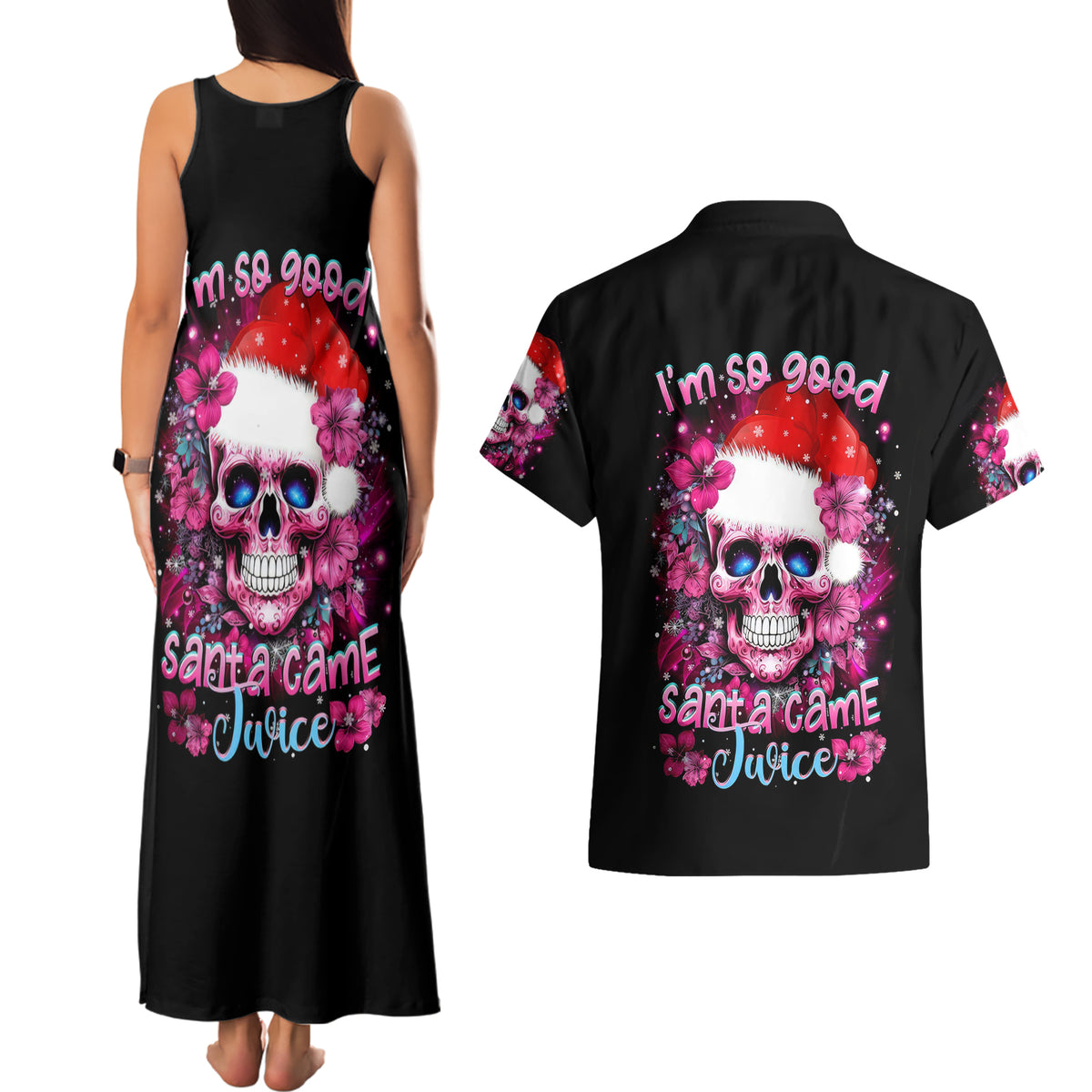 Skull Santa Claus Couples Matching Tank Maxi Dress and Hawaiian Shirt I'm So Good Santa Came Juice - Wonder Print Shop