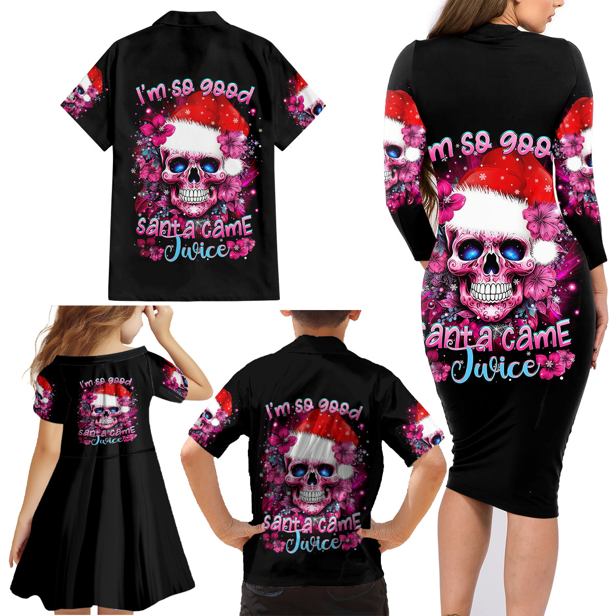 Skull Santa Claus Family Matching Long Sleeve Bodycon Dress and Hawaiian Shirt I'm So Good Santa Came Juice - Wonder Print Shop