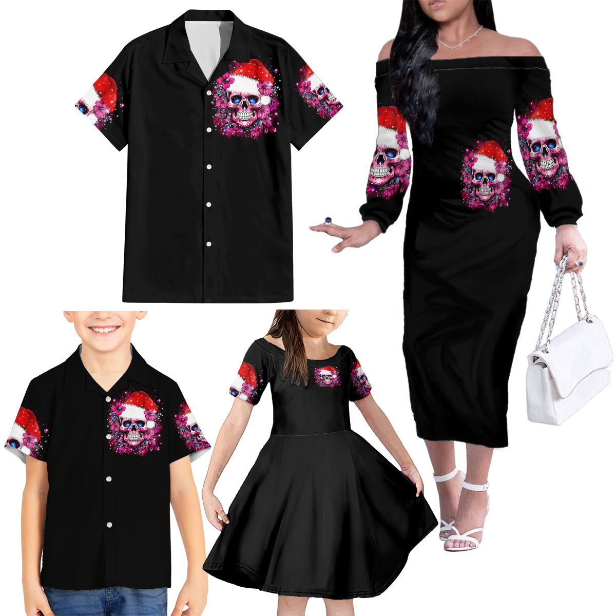 Skull Santa Claus Family Matching Off Shoulder Long Sleeve Dress and Hawaiian Shirt I'm So Good Santa Came Juice - Wonder Print Shop