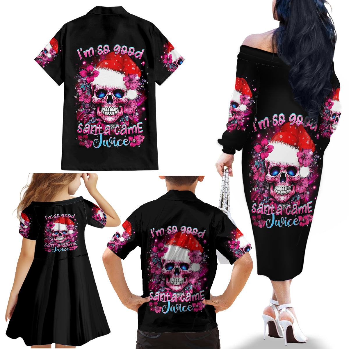Skull Santa Claus Family Matching Off Shoulder Long Sleeve Dress and Hawaiian Shirt I'm So Good Santa Came Juice - Wonder Print Shop