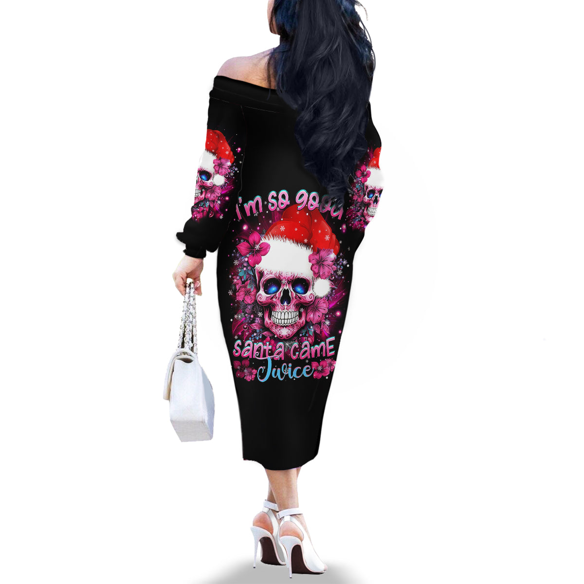 Skull Santa Claus Family Matching Off Shoulder Long Sleeve Dress and Hawaiian Shirt I'm So Good Santa Came Juice - Wonder Print Shop