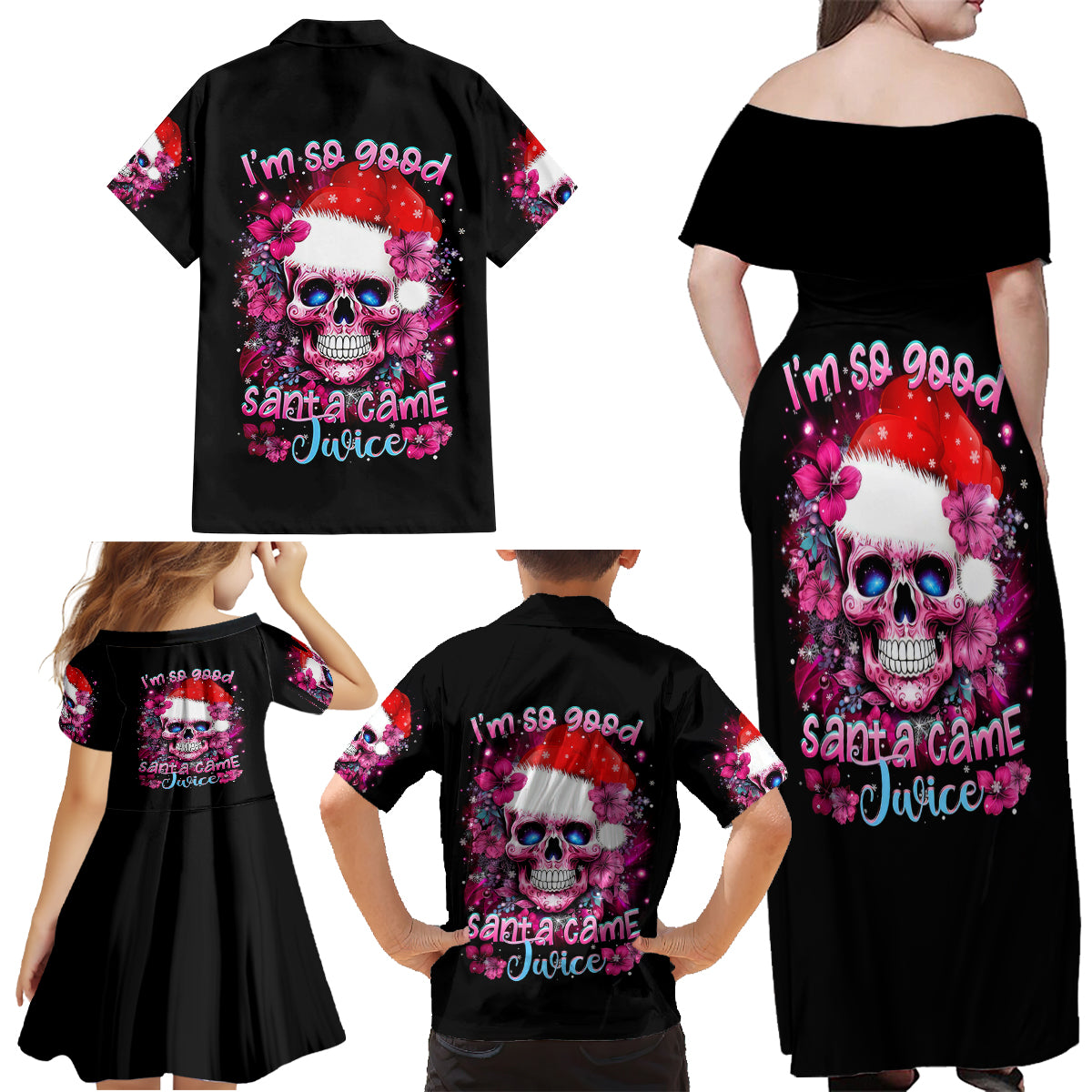 Skull Santa Claus Family Matching Off Shoulder Maxi Dress and Hawaiian Shirt I'm So Good Santa Came Juice - Wonder Print Shop