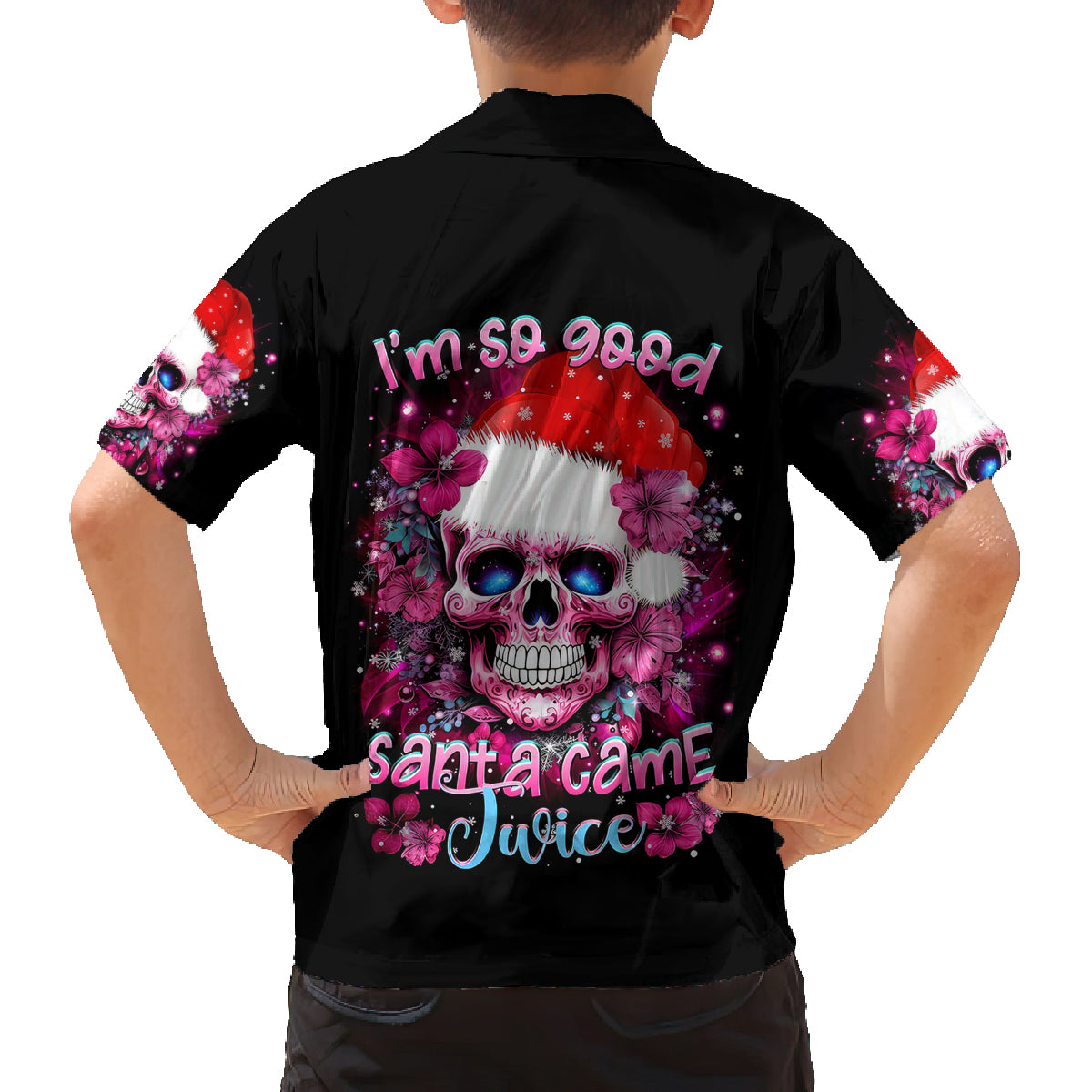 Skull Santa Claus Family Matching Off Shoulder Short Dress and Hawaiian Shirt I'm So Good Santa Came Juice - Wonder Print Shop