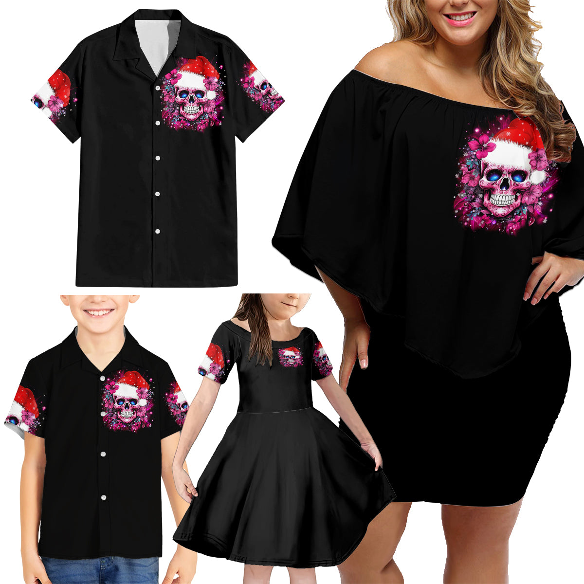 Skull Santa Claus Family Matching Off Shoulder Short Dress and Hawaiian Shirt I'm So Good Santa Came Juice - Wonder Print Shop