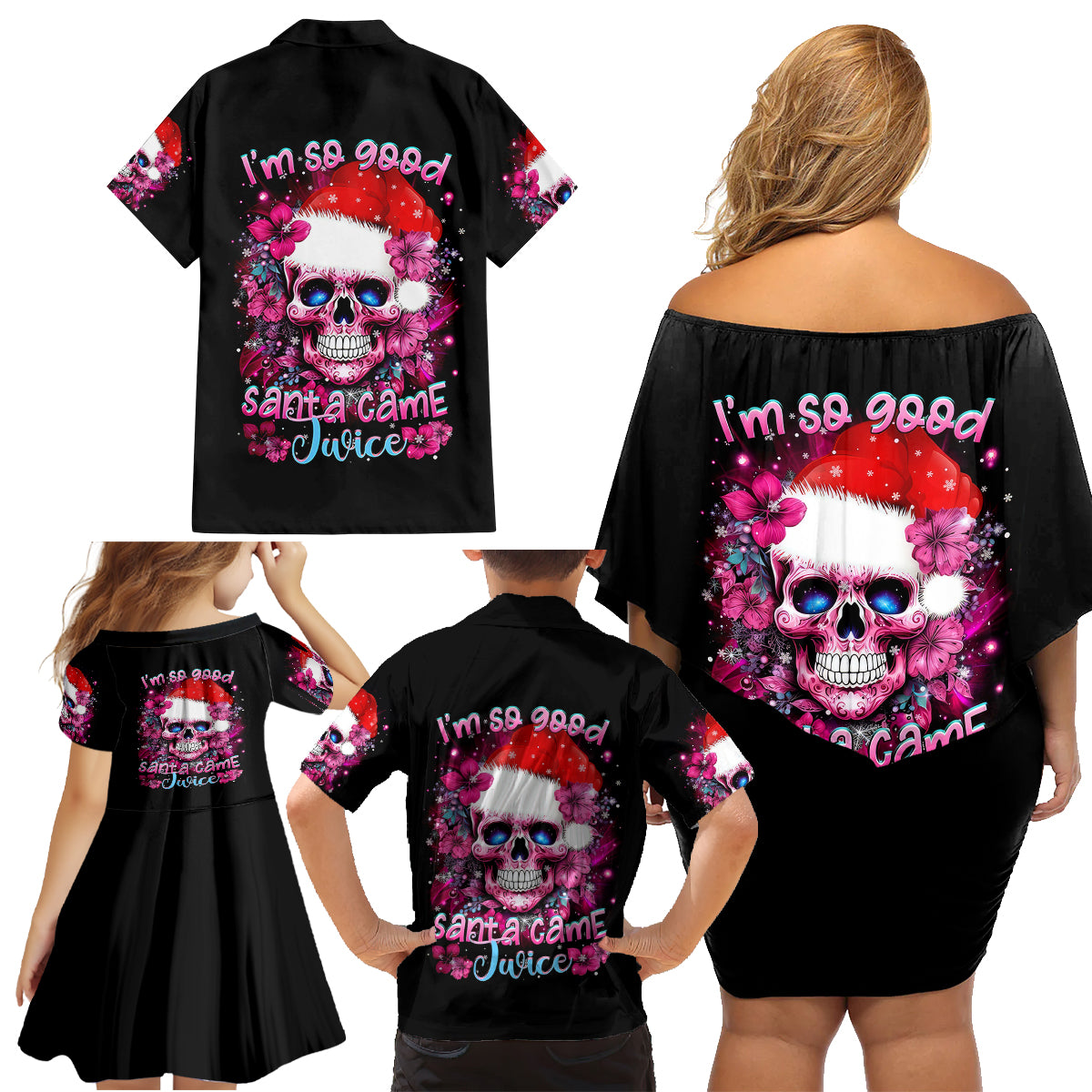 Skull Santa Claus Family Matching Off Shoulder Short Dress and Hawaiian Shirt I'm So Good Santa Came Juice - Wonder Print Shop