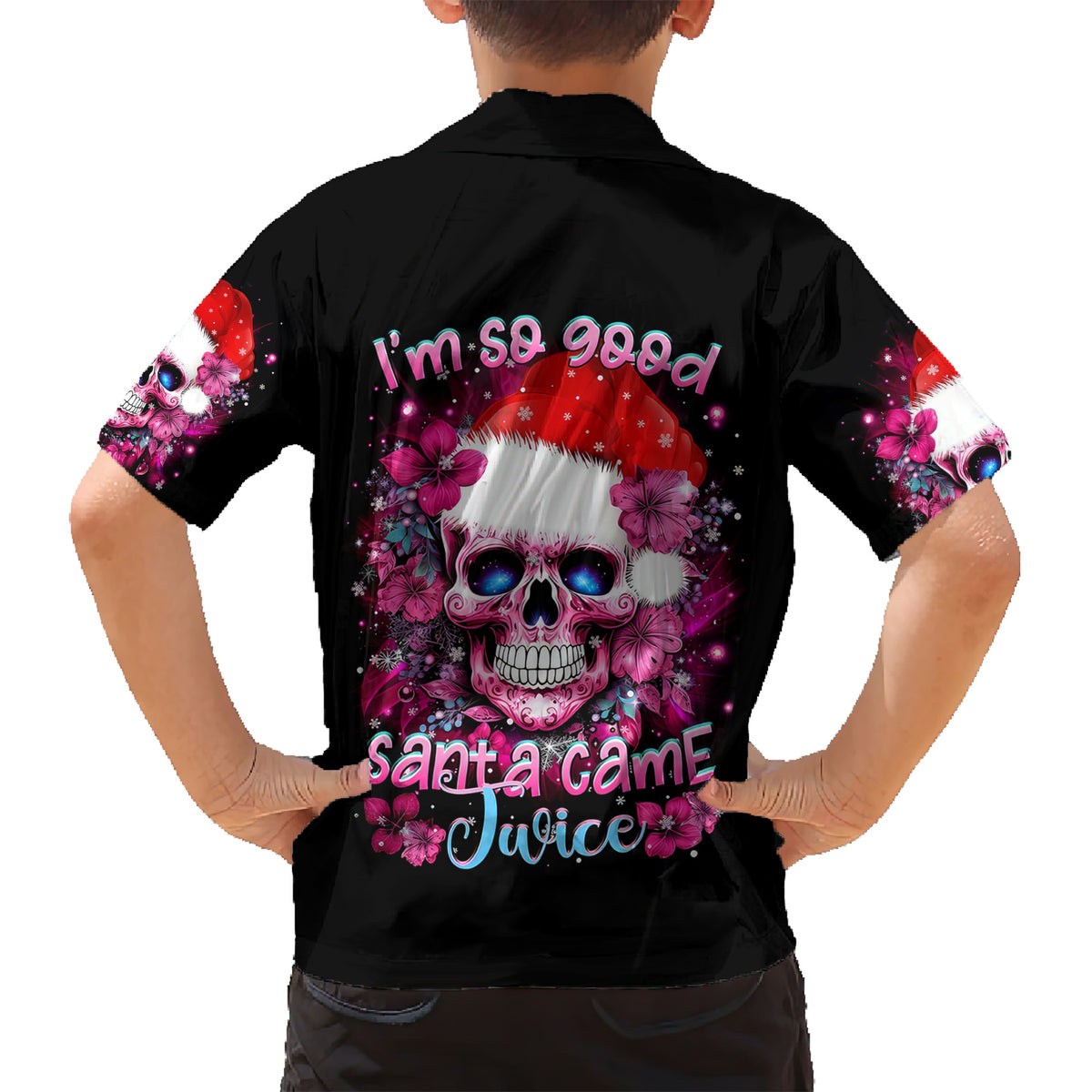 Skull Santa Claus Family Matching Short Sleeve Bodycon Dress and Hawaiian Shirt I'm So Good Santa Came Juice - Wonder Print Shop