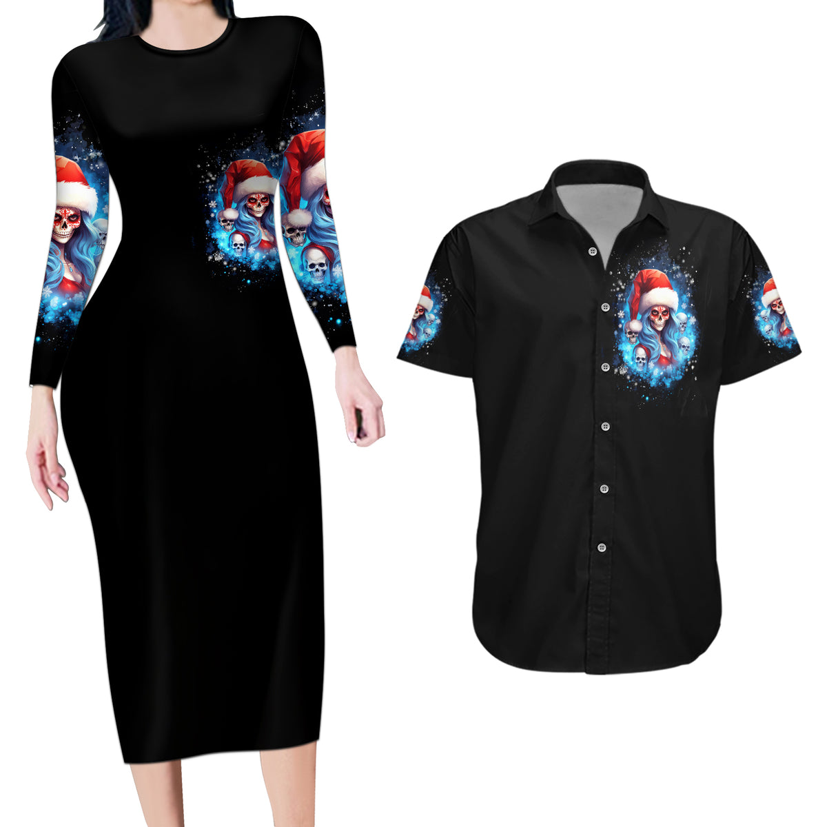Skull Santa Girl Couples Matching Long Sleeve Bodycon Dress and Hawaiian Shirt Iam A Sweet Girl But If You Piss Me Off, I Alway Full Of Crazy - Wonder Print Shop