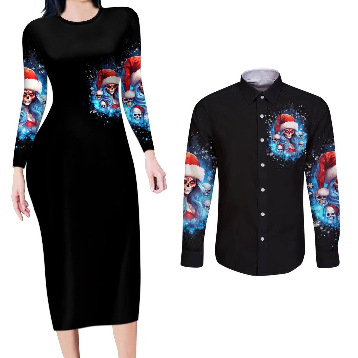 Skull Santa Girl Couples Matching Long Sleeve Bodycon Dress and Long Sleeve Button Shirt Iam A Sweet Girl But If You Piss Me Off, I Alway Full Of Crazy - Wonder Print Shop