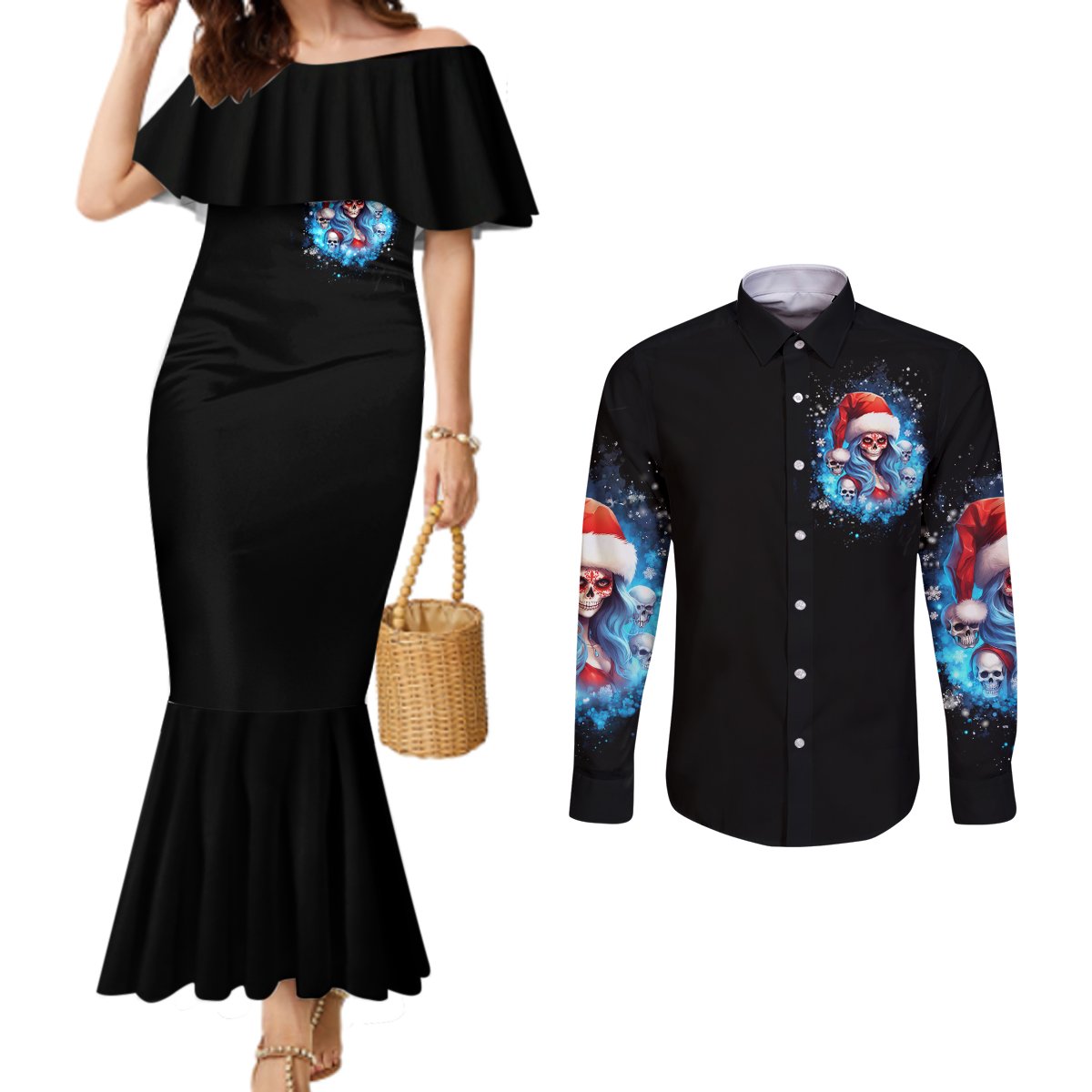 skull-santa-girl-couples-matching-mermaid-dress-and-long-sleeve-button-shirt-iam-a-sweet-girl-but-if-you-piss-me-off-i-alway-full-of-crazy