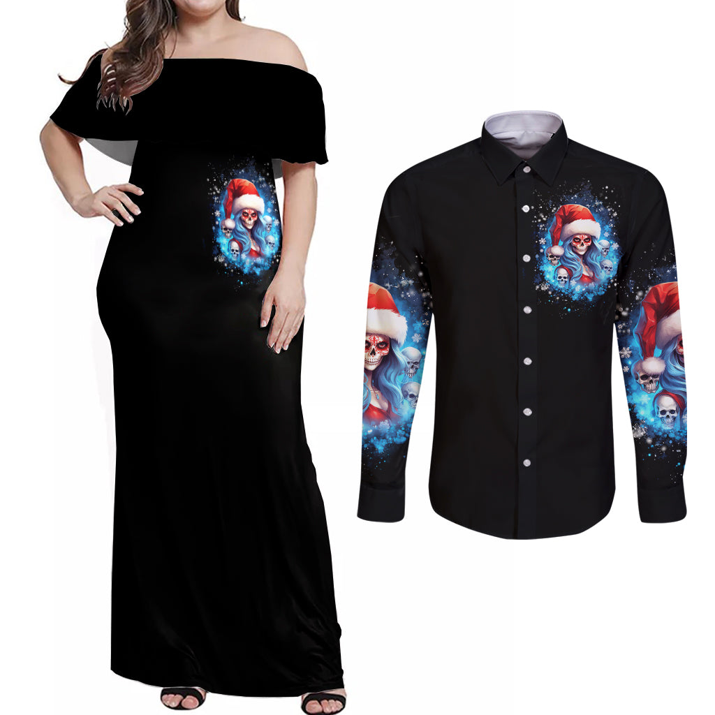 Skull Santa Girl Couples Matching Off Shoulder Maxi Dress and Long Sleeve Button Shirt Iam A Sweet Girl But If You Piss Me Off, I Alway Full Of Crazy - Wonder Print Shop