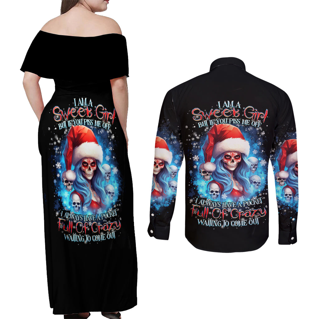 Skull Santa Girl Couples Matching Off Shoulder Maxi Dress and Long Sleeve Button Shirt Iam A Sweet Girl But If You Piss Me Off, I Alway Full Of Crazy - Wonder Print Shop