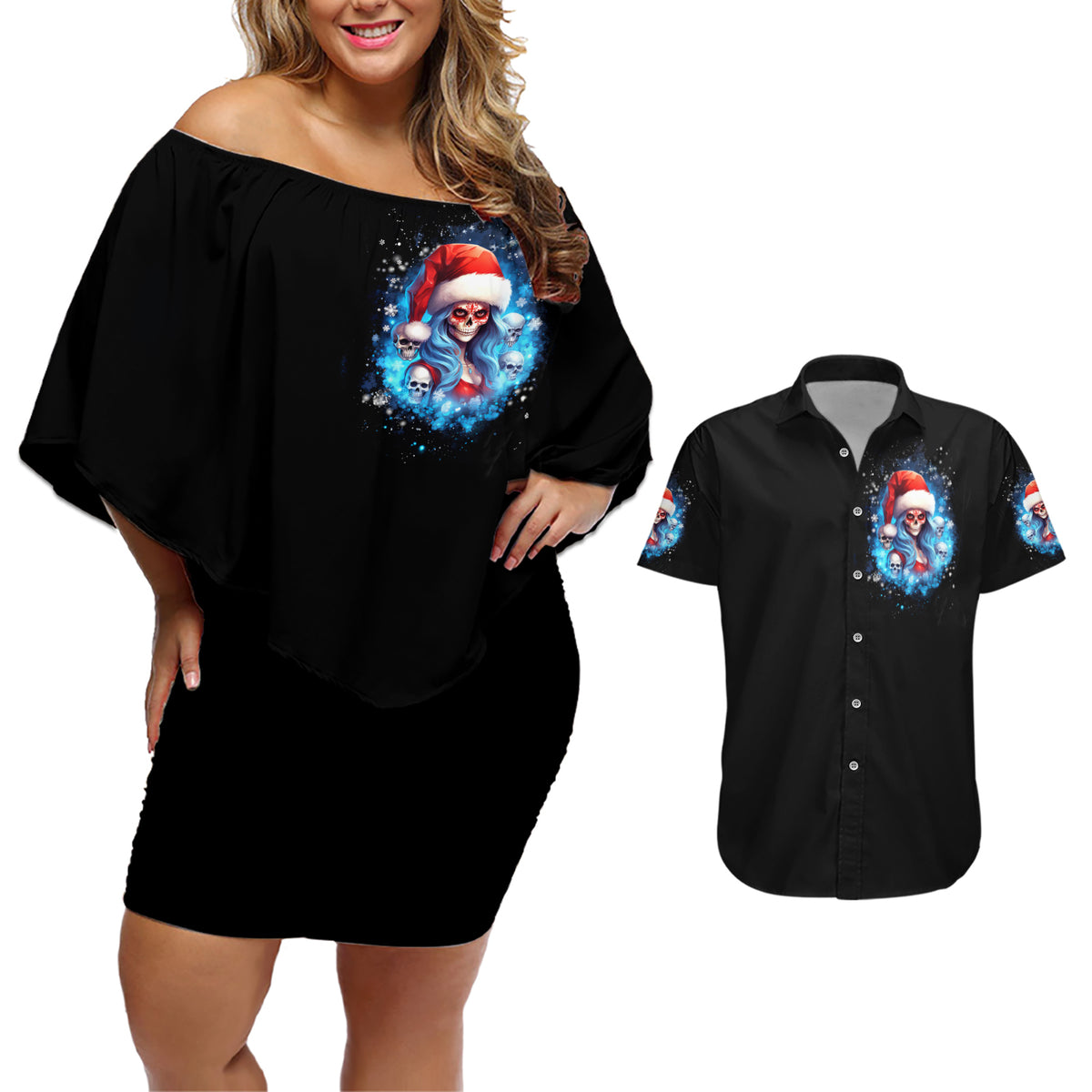 Skull Santa Girl Couples Matching Off Shoulder Short Dress and Hawaiian Shirt Iam A Sweet Girl But If You Piss Me Off, I Alway Full Of Crazy - Wonder Print Shop