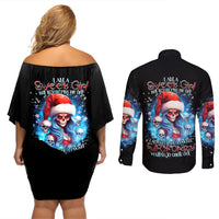 Skull Santa Girl Couples Matching Off Shoulder Short Dress and Long Sleeve Button Shirt Iam A Sweet Girl But If You Piss Me Off, I Alway Full Of Crazy - Wonder Print Shop