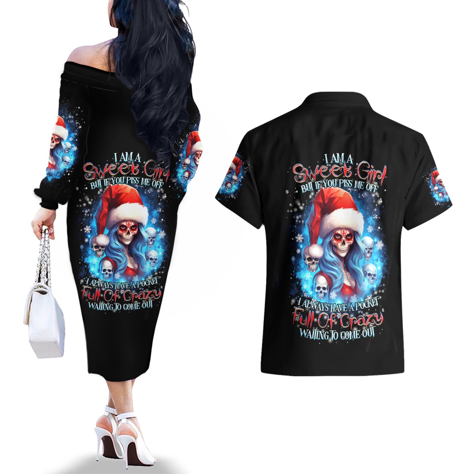Skull Santa Girl Couples Matching Off The Shoulder Long Sleeve Dress and Hawaiian Shirt Iam A Sweet Girl But If You Piss Me Off, I Alway Full Of Crazy - Wonder Print Shop