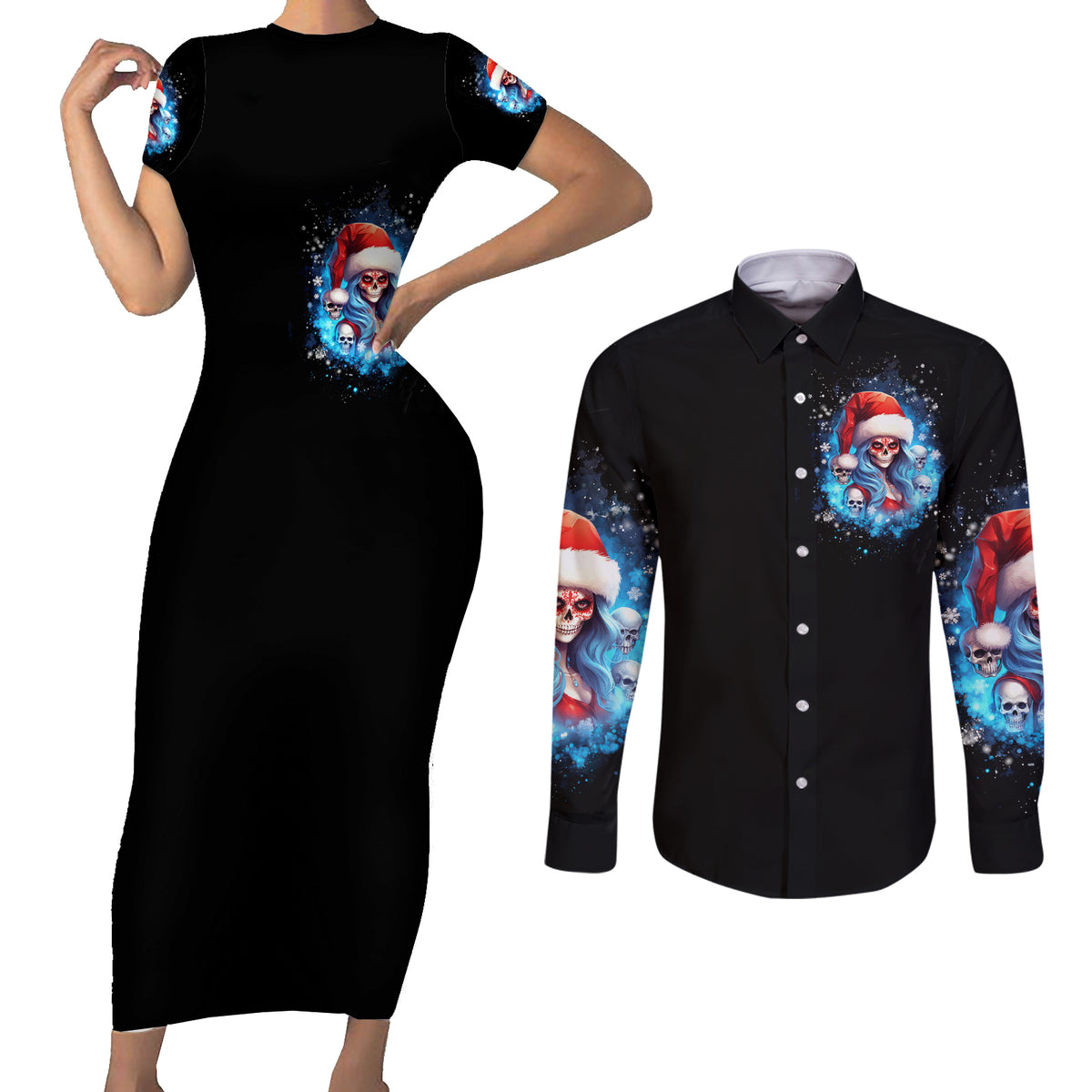 Skull Santa Girl Couples Matching Short Sleeve Bodycon Dress and Long Sleeve Button Shirt Iam A Sweet Girl But If You Piss Me Off, I Alway Full Of Crazy - Wonder Print Shop