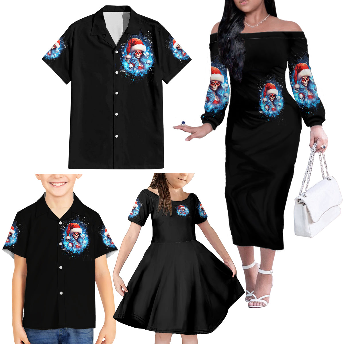 Skull Santa Girl Family Matching Off Shoulder Long Sleeve Dress and Hawaiian Shirt Iam A Sweet Girl But If You Piss Me Off, I Alway Full Of Crazy - Wonder Print Shop
