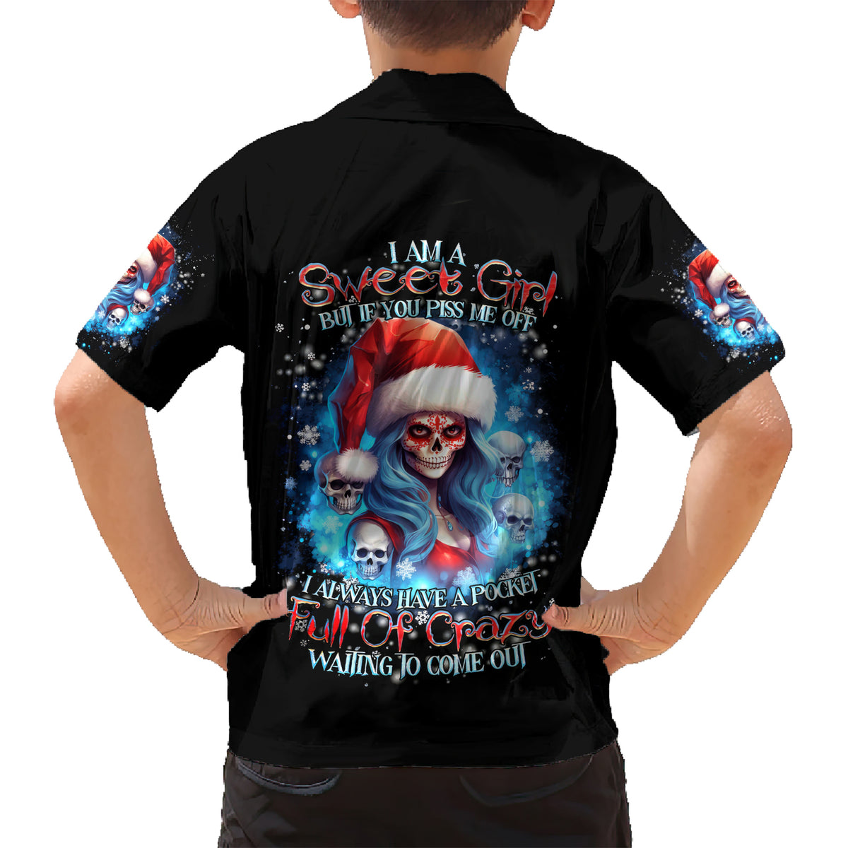 Skull Santa Girl Family Matching Short Sleeve Bodycon Dress and Hawaiian Shirt Iam A Sweet Girl But If You Piss Me Off, I Alway Full Of Crazy - Wonder Print Shop