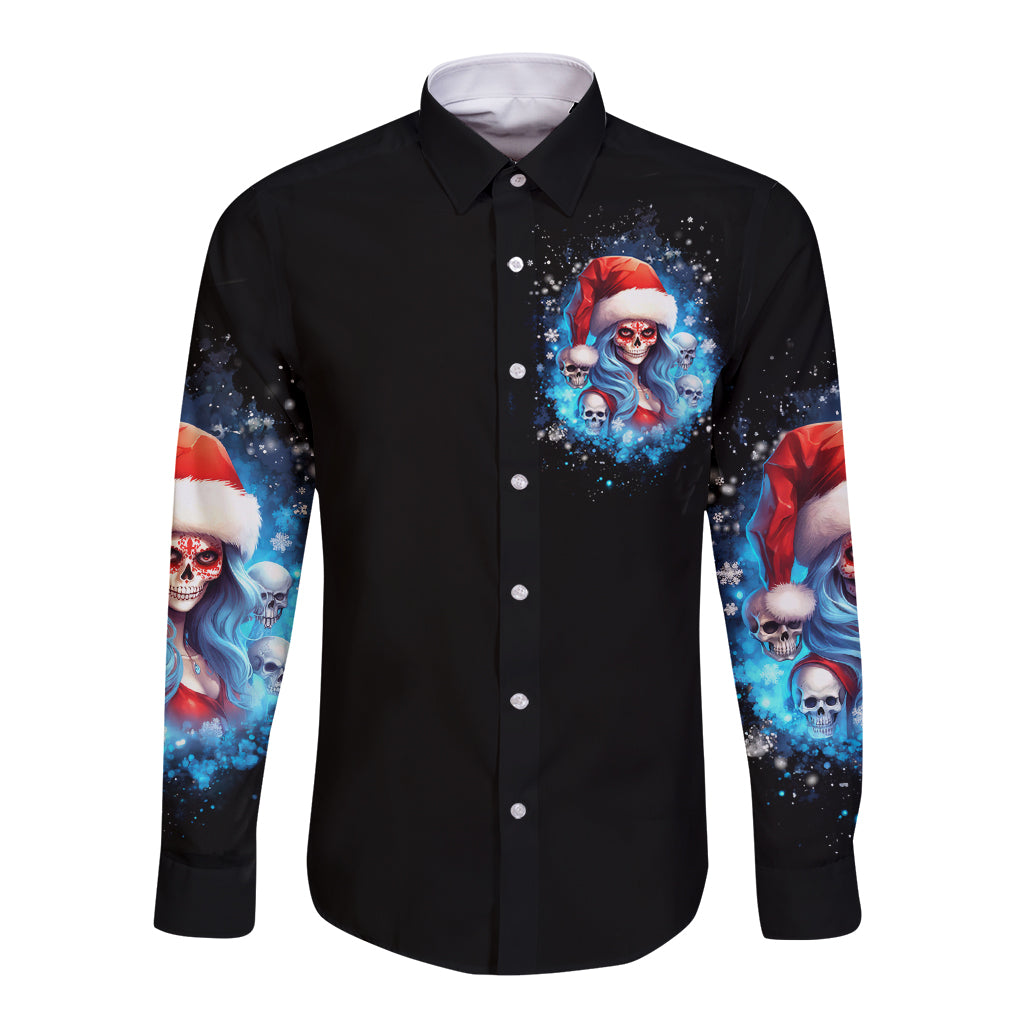 Skull Santa Girl Long Sleeve Button Shirt Iam A Sweet Girl But If You Piss Me Off, I Alway Full Of Crazy - Wonder Print Shop