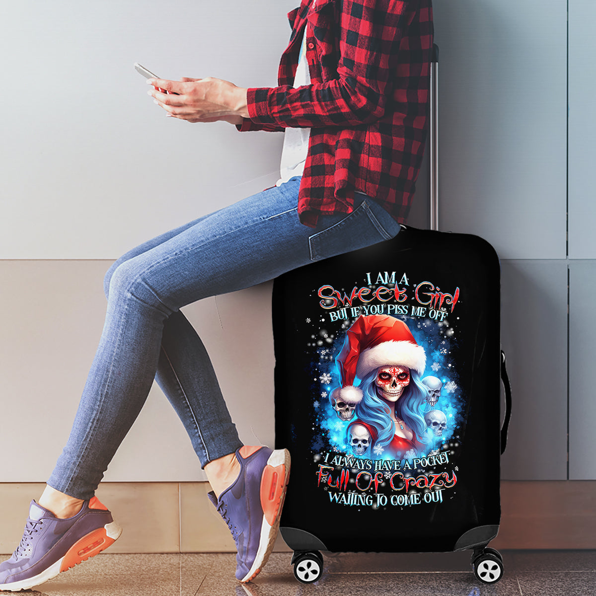 Skull Santa Girl Luggage Cover Iam A Sweet Girl But If You Piss Me Off, I Alway Full Of Crazy - Wonder Print Shop