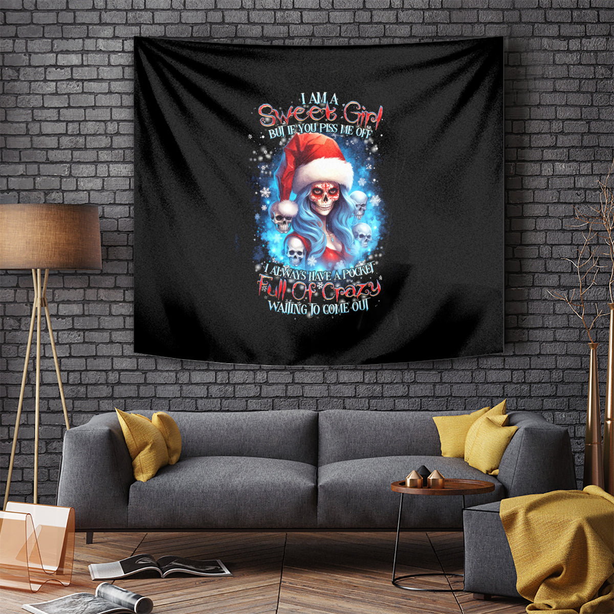 Skull Santa Girl Tapestry Iam A Sweet Girl But If You Piss Me Off, I Alway Full Of Crazy - Wonder Print Shop