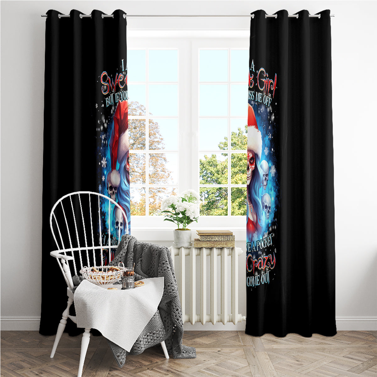 Skull Santa Girl Window Curtain Iam A Sweet Girl But If You Piss Me Off, I Alway Full Of Crazy - Wonder Print Shop