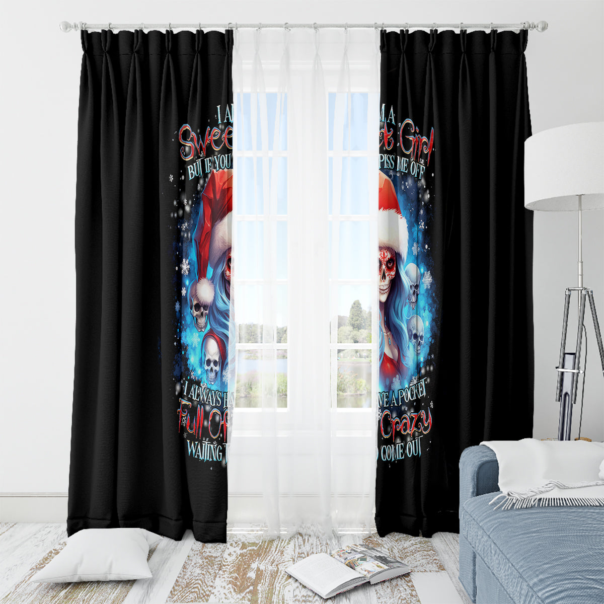 Skull Santa Girl Window Curtain Iam A Sweet Girl But If You Piss Me Off, I Alway Full Of Crazy - Wonder Print Shop