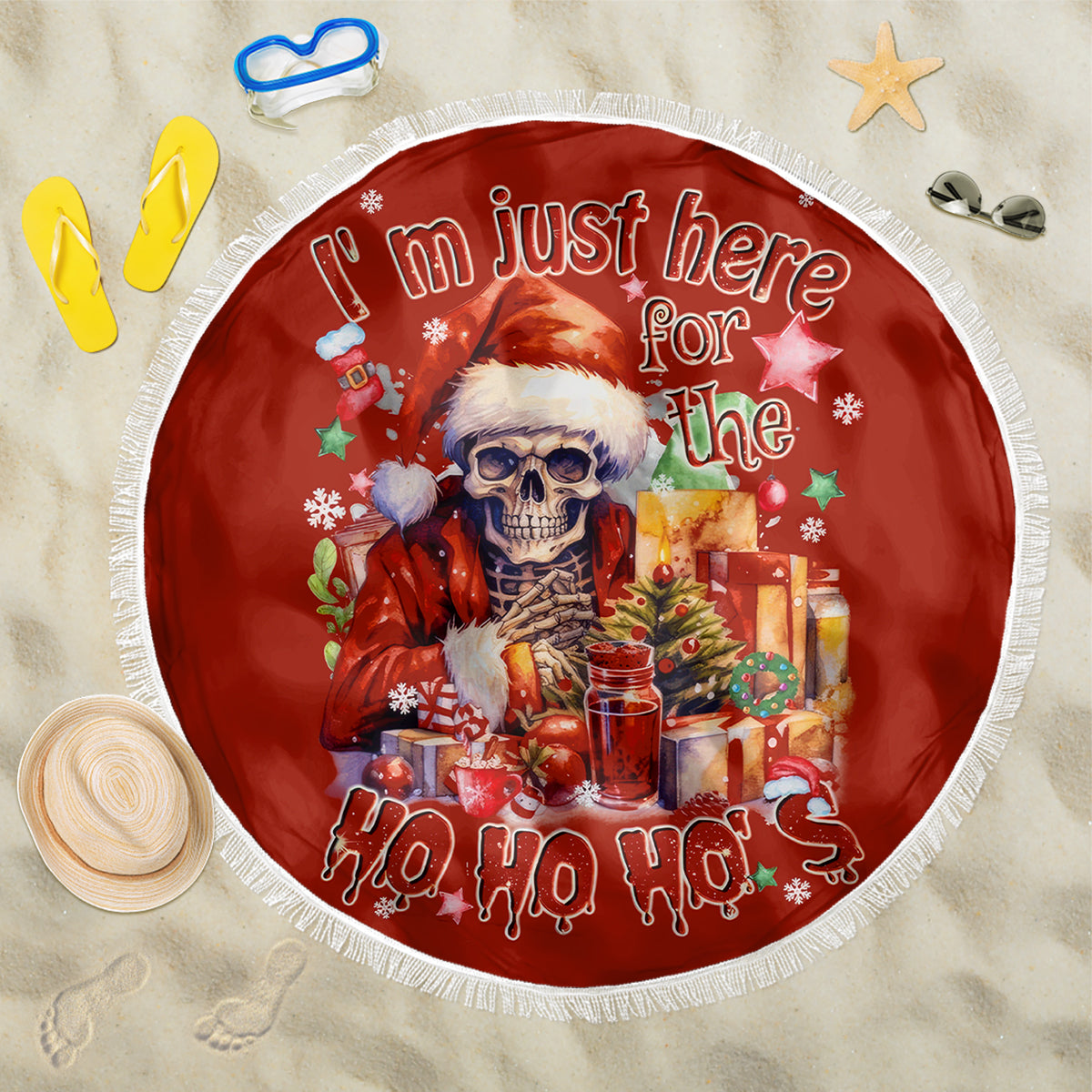 Skeleton Santa Claus Beach Blanket I'm Just Here For The Ho Ho Ho - Wonder Print Shop