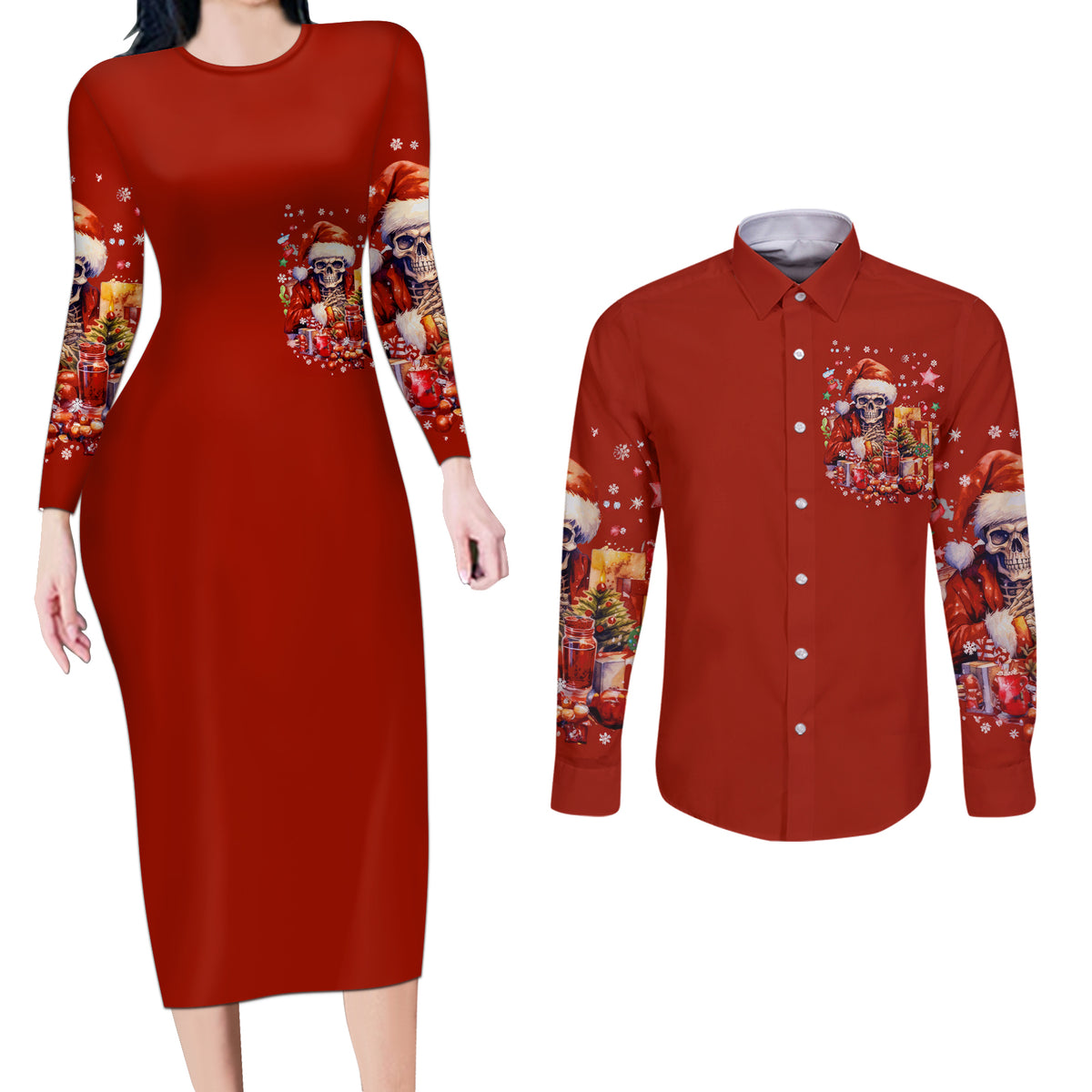 Skeleton Santa Claus Couples Matching Long Sleeve Bodycon Dress and Long Sleeve Button Shirt I'm Just Here For The Ho Ho Ho - Wonder Print Shop
