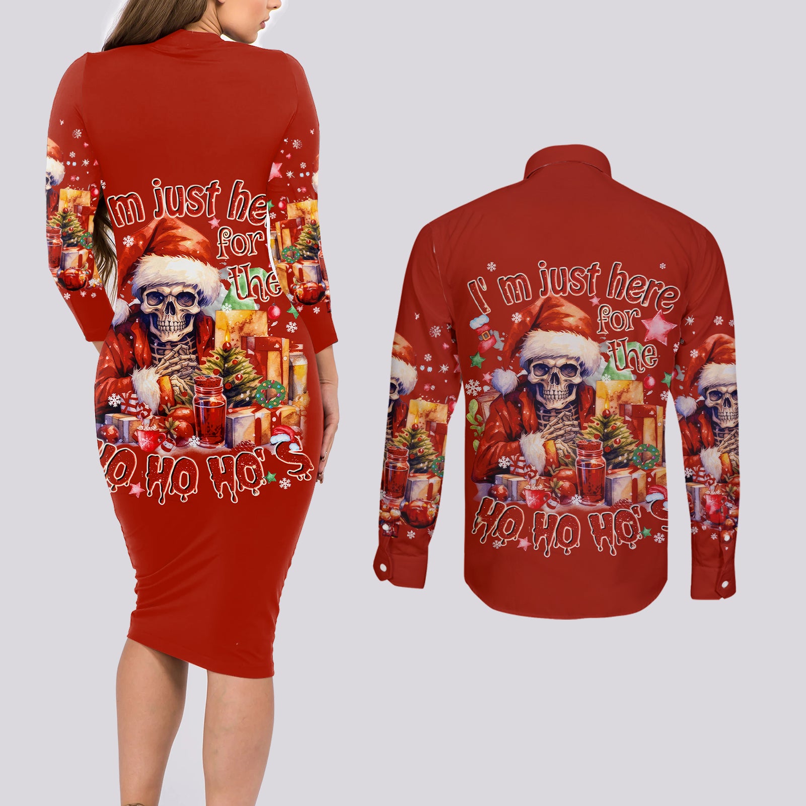 Skeleton Santa Claus Couples Matching Long Sleeve Bodycon Dress and Long Sleeve Button Shirt I'm Just Here For The Ho Ho Ho - Wonder Print Shop
