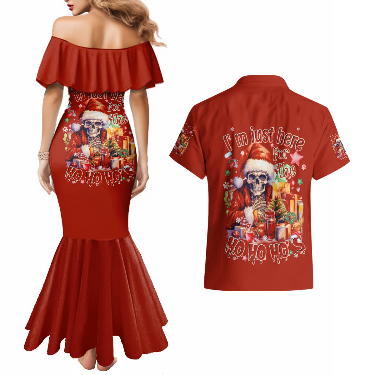 Skeleton Santa Claus Couples Matching Mermaid Dress and Hawaiian Shirt I'm Just Here For The Ho Ho Ho - Wonder Print Shop