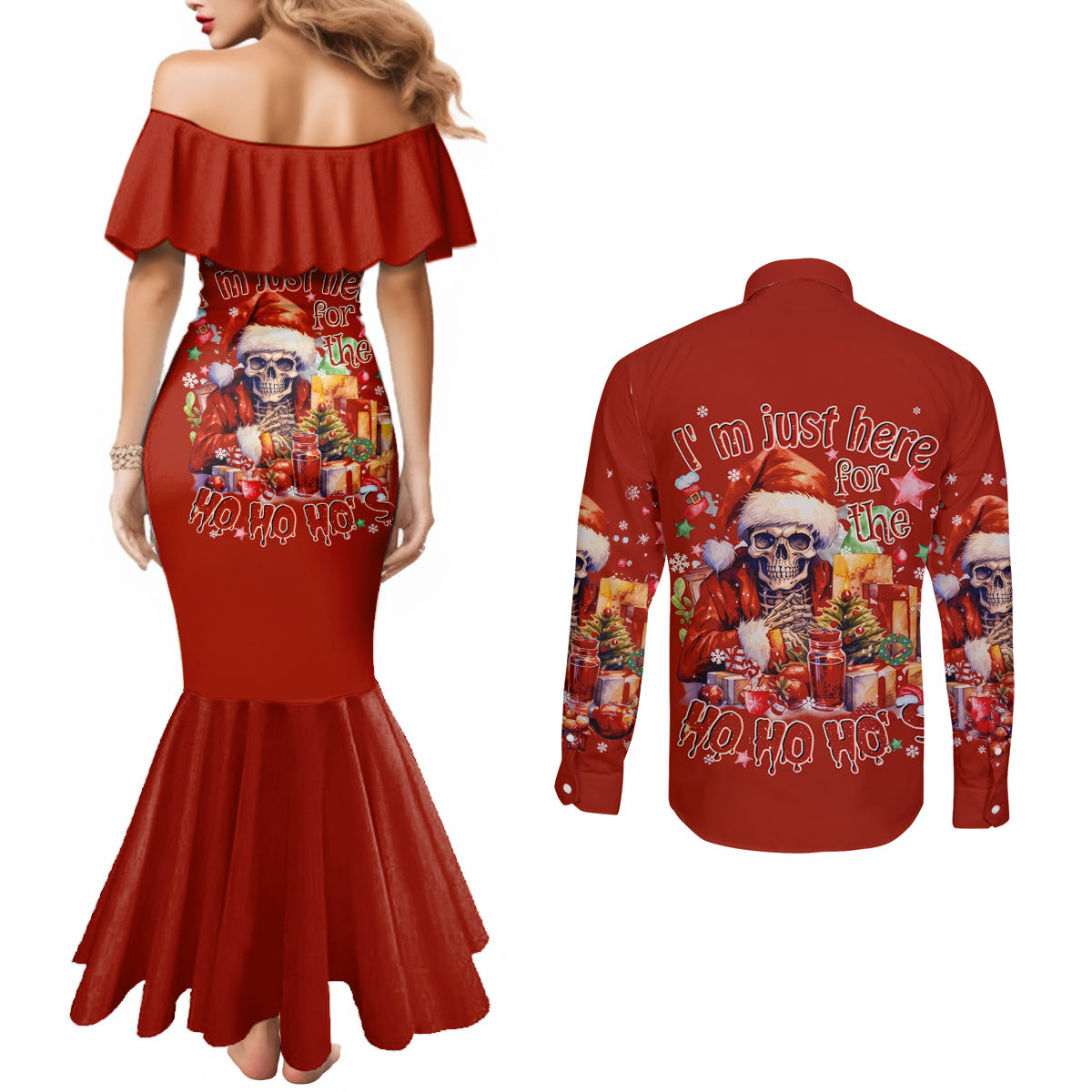 skeleton-santa-claus-couples-matching-mermaid-dress-and-long-sleeve-button-shirt-im-just-here-for-the-ho-ho-ho