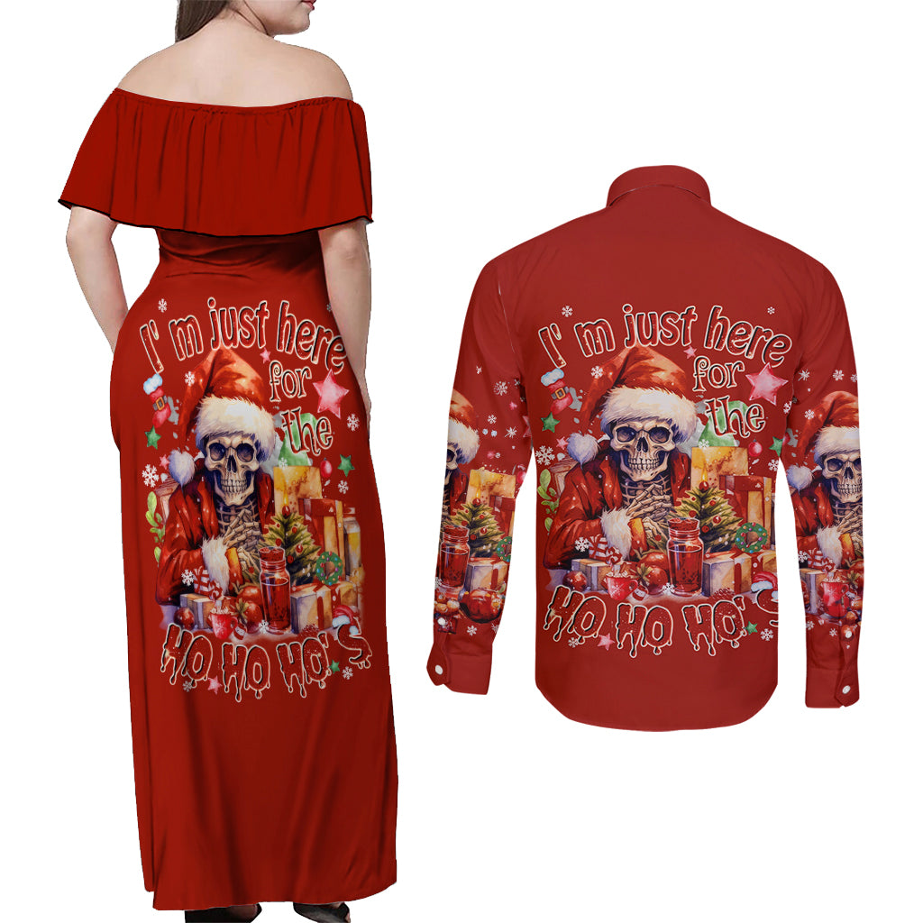 Skeleton Santa Claus Couples Matching Off Shoulder Maxi Dress and Long Sleeve Button Shirt I'm Just Here For The Ho Ho Ho - Wonder Print Shop