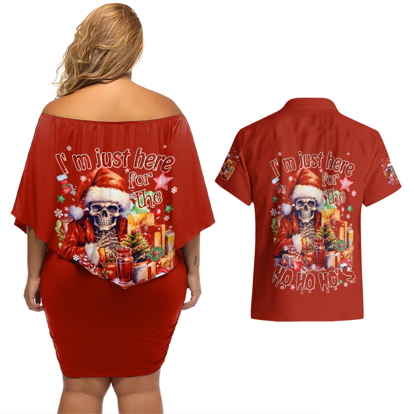 Skeleton Santa Claus Couples Matching Off Shoulder Short Dress and Hawaiian Shirt I'm Just Here For The Ho Ho Ho - Wonder Print Shop