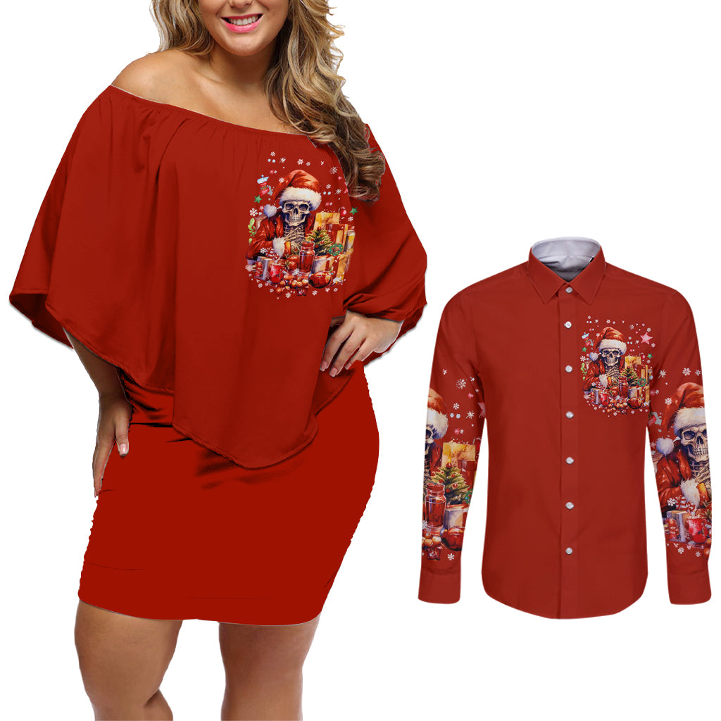 Skeleton Santa Claus Couples Matching Off Shoulder Short Dress and Long Sleeve Button Shirt I'm Just Here For The Ho Ho Ho - Wonder Print Shop
