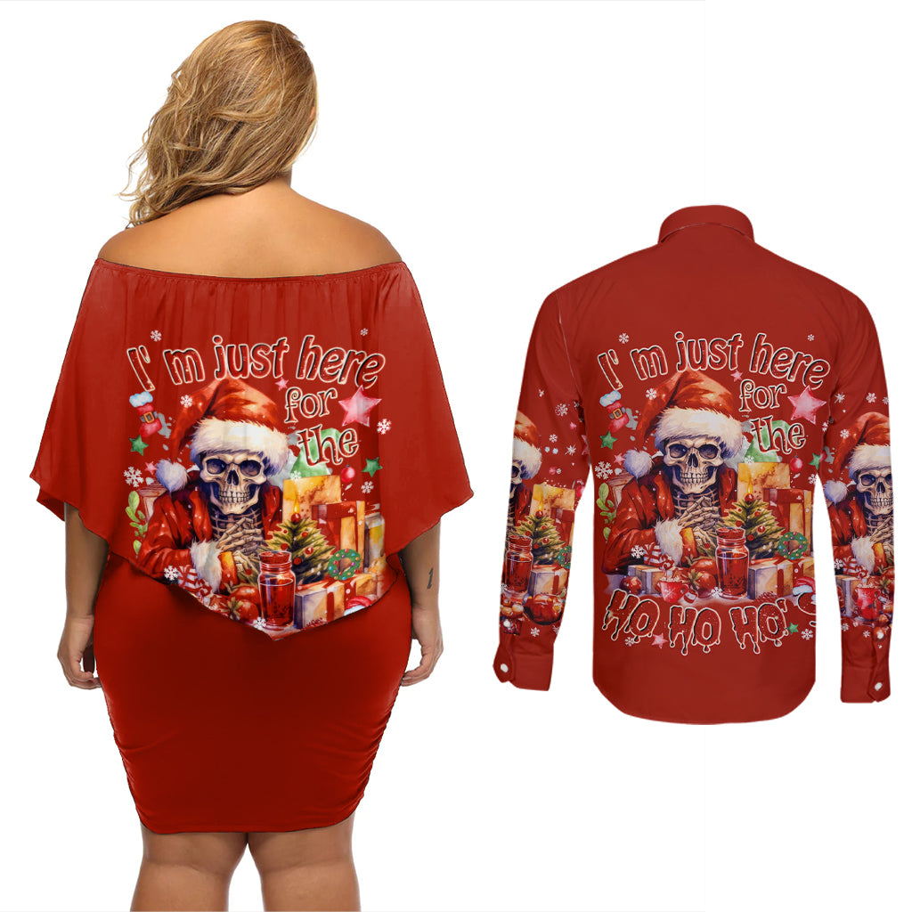 Skeleton Santa Claus Couples Matching Off Shoulder Short Dress and Long Sleeve Button Shirt I'm Just Here For The Ho Ho Ho - Wonder Print Shop