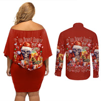 Skeleton Santa Claus Couples Matching Off Shoulder Short Dress and Long Sleeve Button Shirt I'm Just Here For The Ho Ho Ho - Wonder Print Shop
