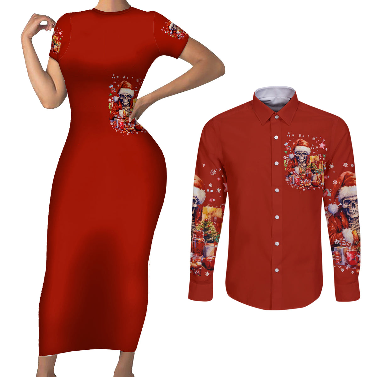 Skeleton Santa Claus Couples Matching Short Sleeve Bodycon Dress and Long Sleeve Button Shirt I'm Just Here For The Ho Ho Ho - Wonder Print Shop
