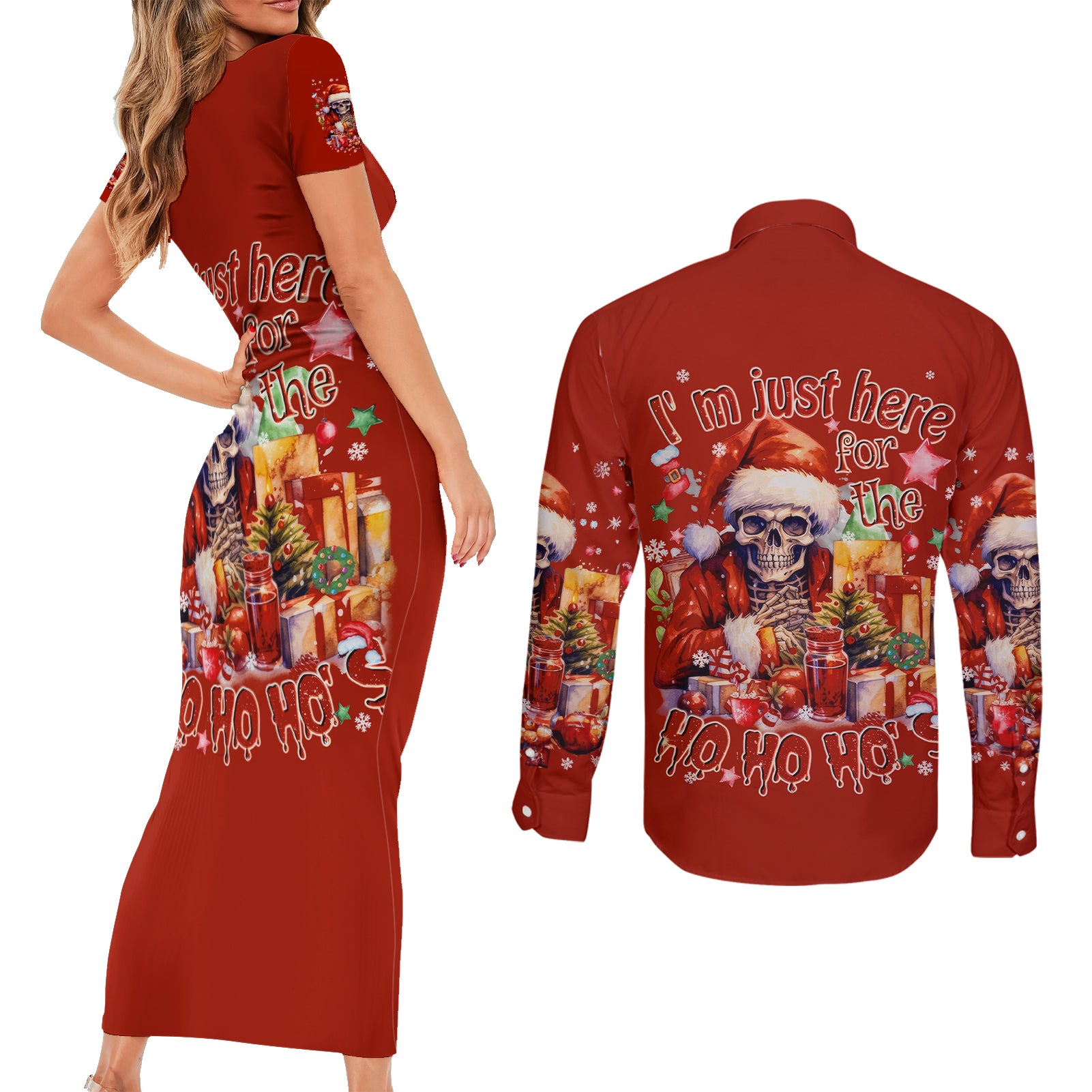 Skeleton Santa Claus Couples Matching Short Sleeve Bodycon Dress and Long Sleeve Button Shirt I'm Just Here For The Ho Ho Ho - Wonder Print Shop