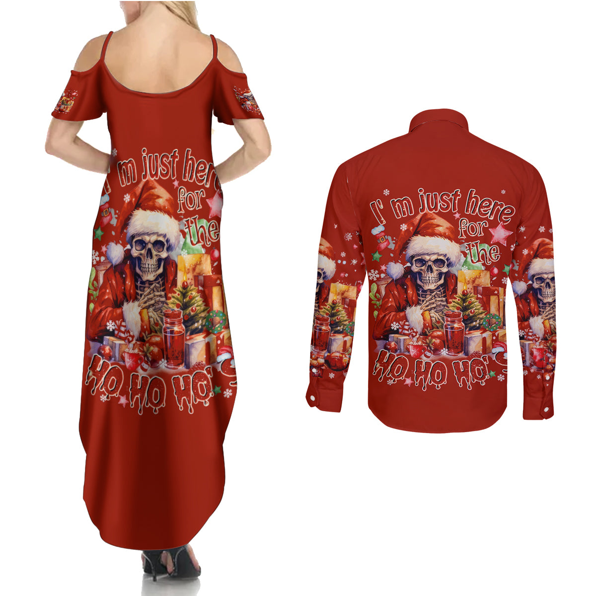 Skeleton Santa Claus Couples Matching Summer Maxi Dress and Long Sleeve Button Shirt I'm Just Here For The Ho Ho Ho - Wonder Print Shop