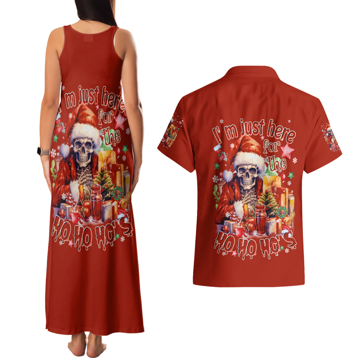 Skeleton Santa Claus Couples Matching Tank Maxi Dress and Hawaiian Shirt I'm Just Here For The Ho Ho Ho - Wonder Print Shop