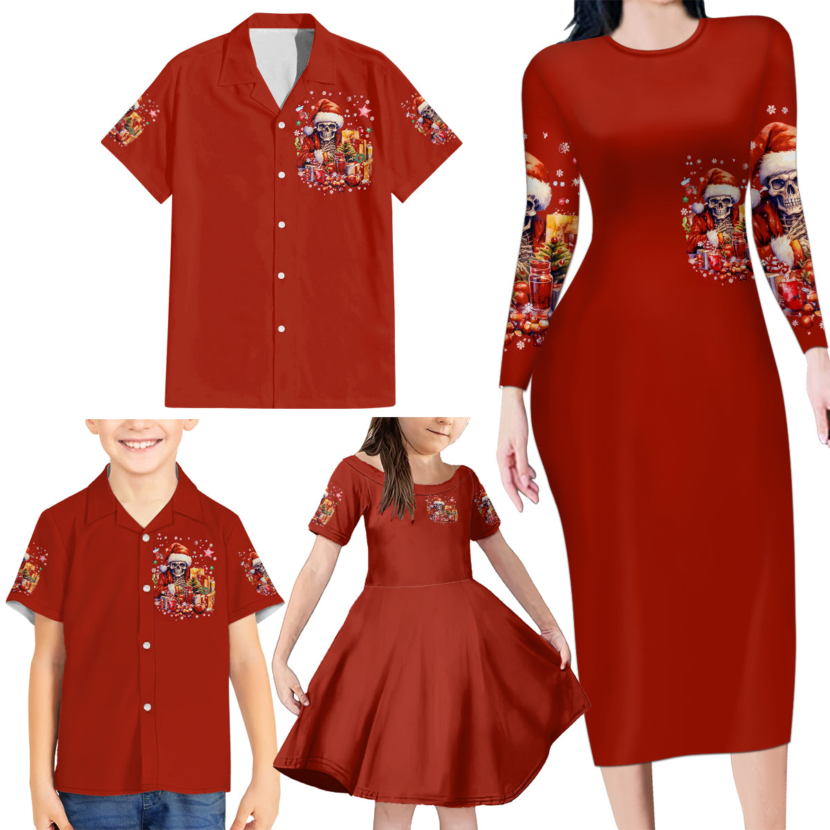 Skeleton Santa Claus Family Matching Long Sleeve Bodycon Dress and Hawaiian Shirt I'm Just Here For The Ho Ho Ho - Wonder Print Shop
