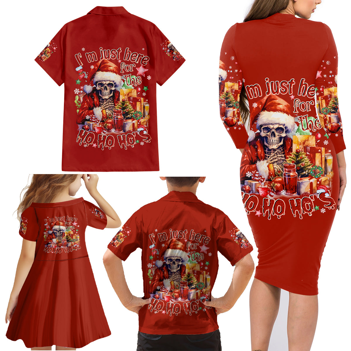 Skeleton Santa Claus Family Matching Long Sleeve Bodycon Dress and Hawaiian Shirt I'm Just Here For The Ho Ho Ho - Wonder Print Shop