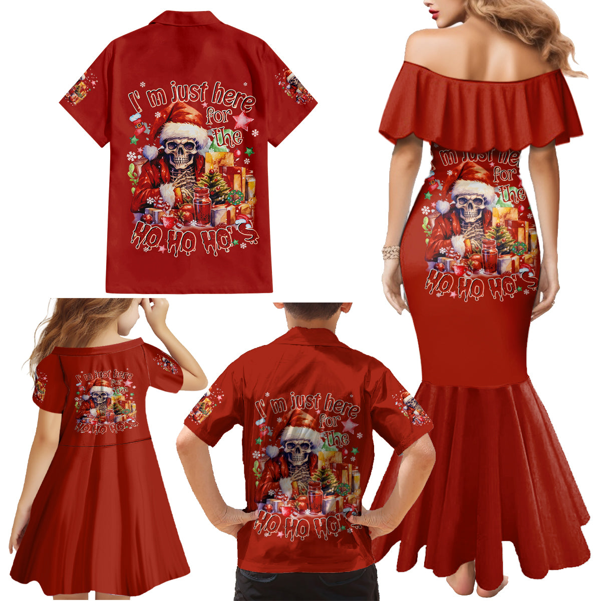 Skeleton Santa Claus Family Matching Mermaid Dress and Hawaiian Shirt I'm Just Here For The Ho Ho Ho - Wonder Print Shop