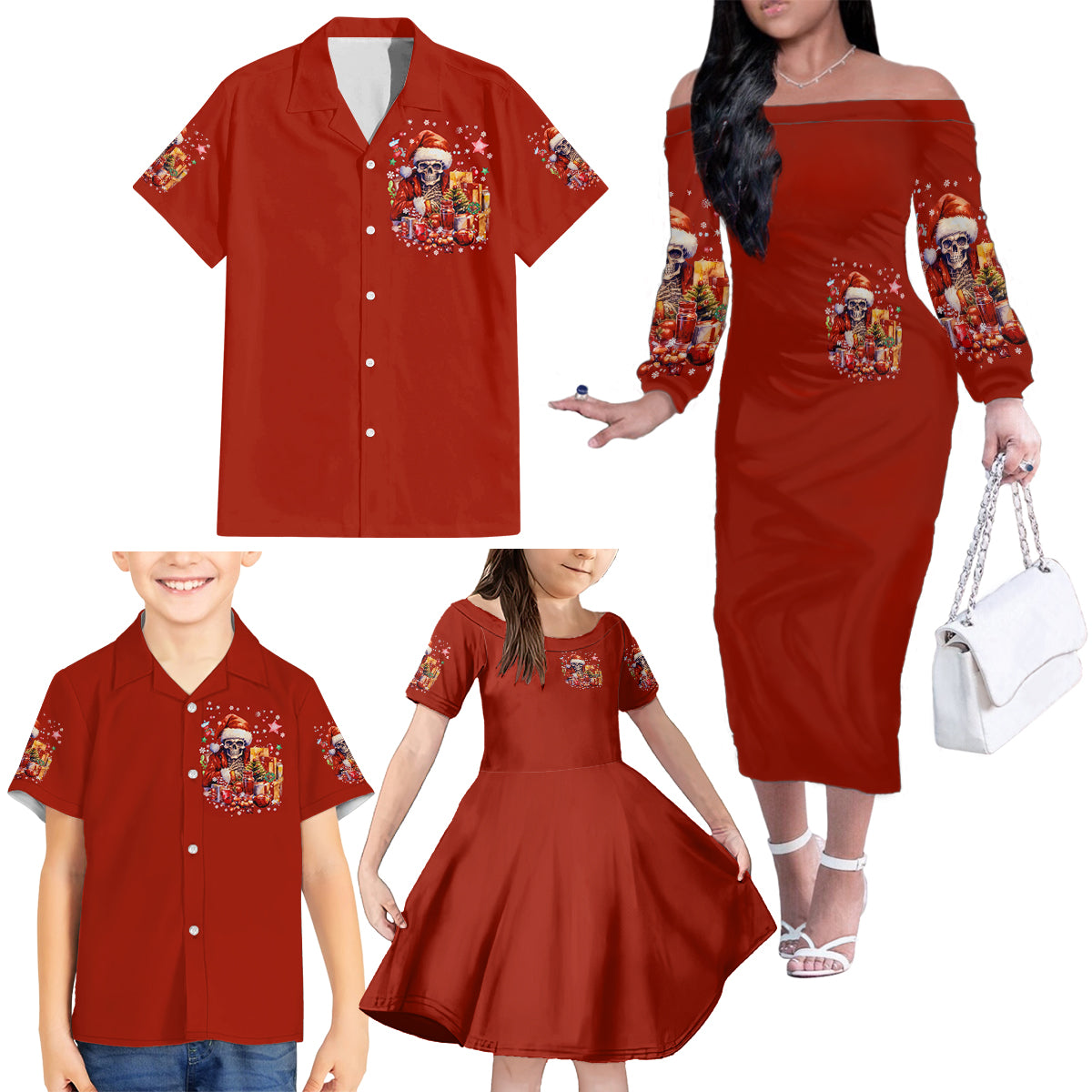 Skeleton Santa Claus Family Matching Off Shoulder Long Sleeve Dress and Hawaiian Shirt I'm Just Here For The Ho Ho Ho - Wonder Print Shop